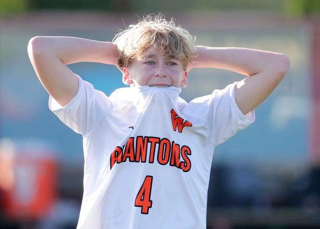 West De Pere High School's Grayson Birder (4) shows his emotions moments after a 1-0 loss to Union Grove High School during their WIAA Division 2 boys soccer championship game Saturday, November 4, 2023, at Uihlein Soccer Park in Milwaukee, Wis.